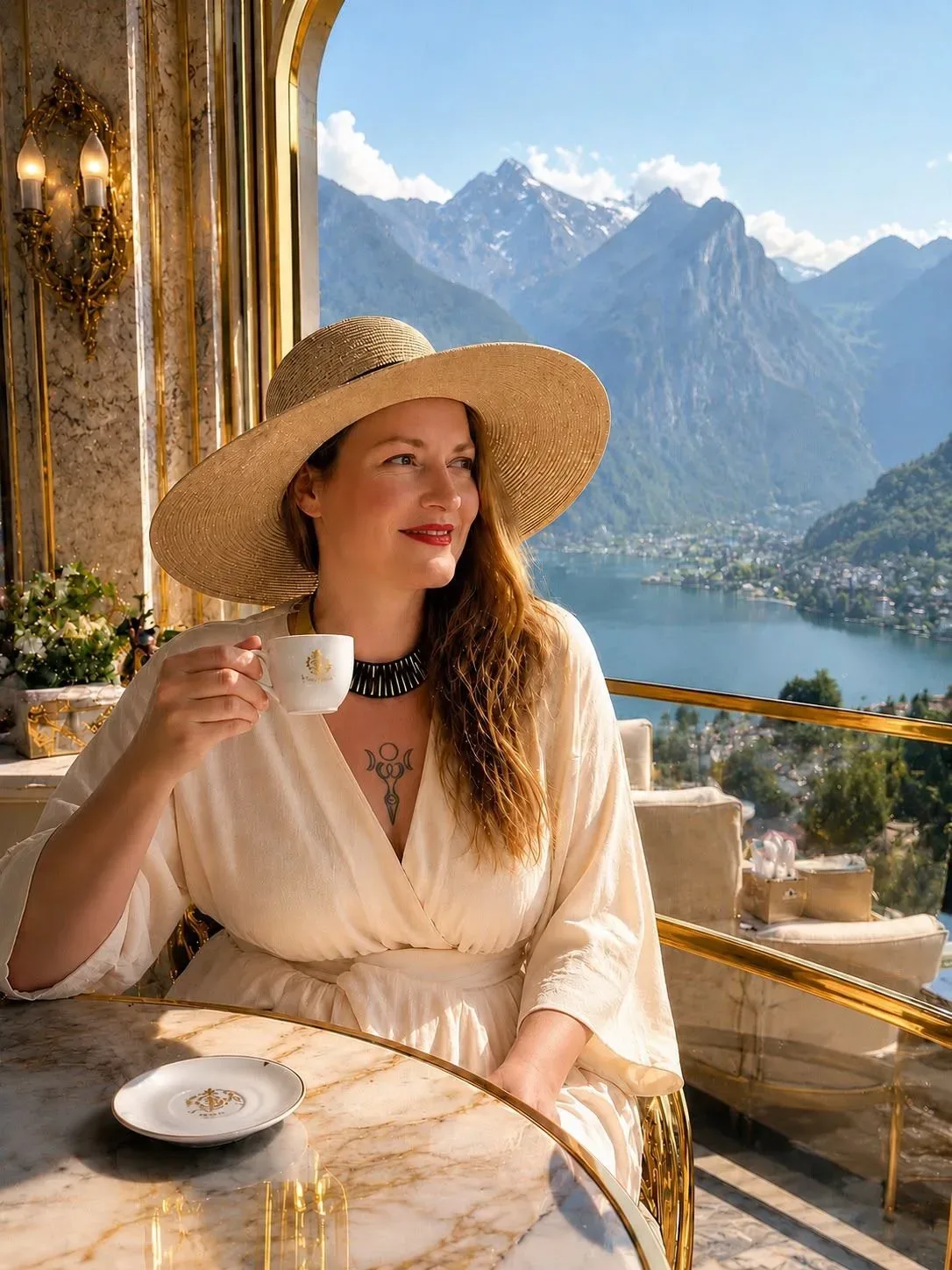 Melanie Dorn auf einer Terrasse mit Bergsee-Blick, Espresso in der Hand
